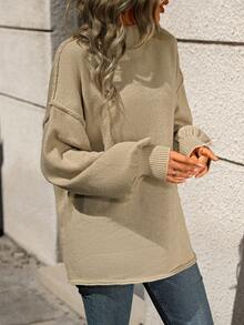 SHEIN LUNE 女式立領落肩毛衣套頭衫 - 杏色 - 查看 5