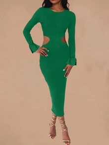 Cắt bỏ eo Tách đùi Đầm - Màu xanh lá cây đậm - Xem 5