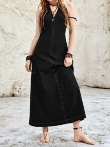 Bohemela 純色露背領帶連身度假裙 - 黑色 - 查看 1