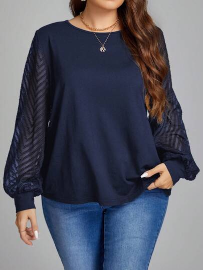 SHEIN LUNE Top plus size feminino de malha transparente com manga lanterna