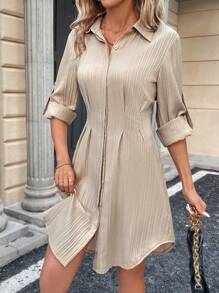 SHEIN Clasi 腰部收緊襯衫連身裙 - 杏色 - 查看 3