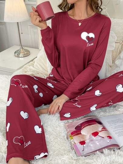 Full Printed Heart Letter Long Sleeve Top Pants Pyjama Set, Fall Clothes