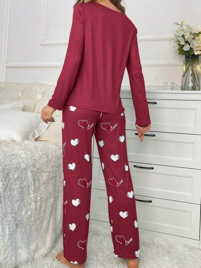 Full Printed Heart Letter Long Sleeve Top Pants Pyjama Set, Fall Clothes view 2