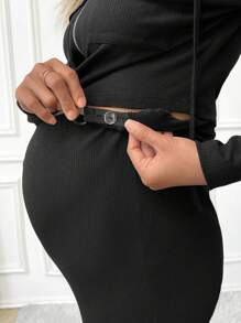 SHEIN Maternity Zipper Front Hoodie With Drawstring And Flared Pants 2pcs/Set - Black - View 7