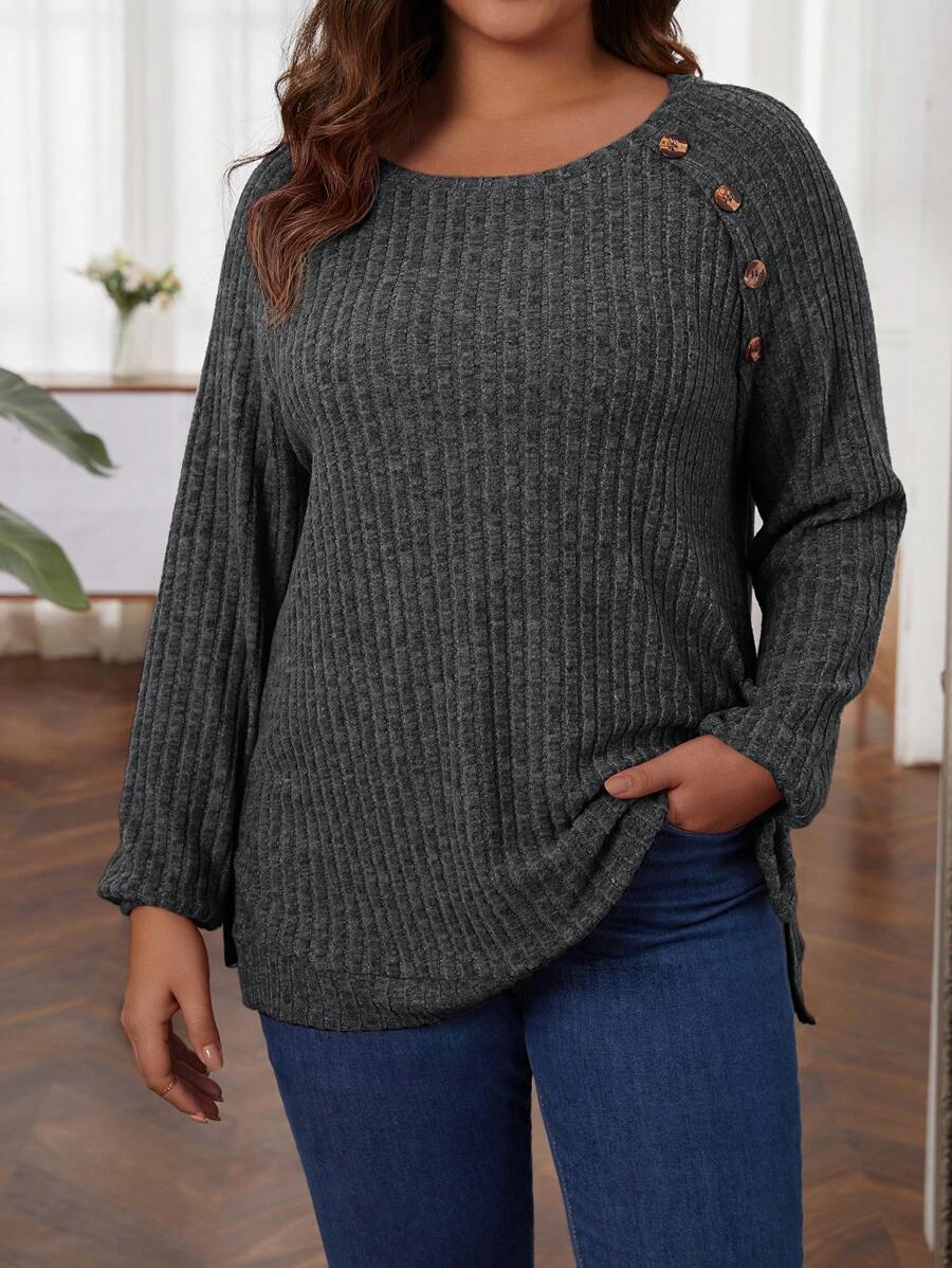 EMERY ROSE Plus Size Button Detail Raglan Sleeve Ribbed Knit T-Shirt - Dark Grey - View 1