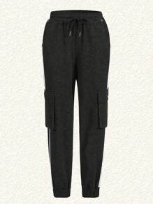SHEIN EZwear Pantalones de chándal con cintura ajustable y bloques de color - Gris Oscuro - Ver 1