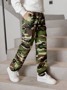 Tween Boy Camo Print Flap Pocket Side Cargo Jeans - Army Green - View 5