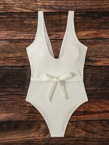 SHEIN Swim 女式純色十字細節連身泳衣 - 白色 - 查看 6