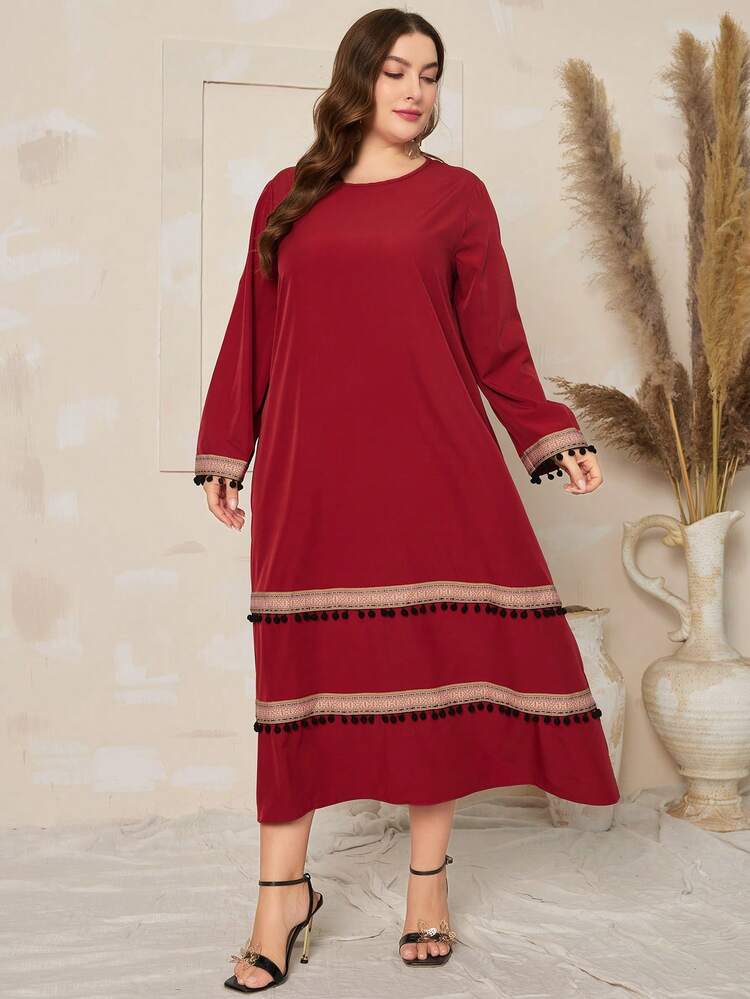 Plus Size Long Sleeve Dress With Fringe Hem