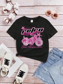 SHEIN Tween 女孩休閒機車&字母印花短袖 T 卹 - 黑色 - 查看 1