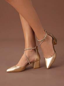 Của phụ nữ Thời trang Pointed Toe Dày Giày cao gót Rượu sâm banh Màu sắc Pha lê Trang trí Giày nữ Baotou Với Khóa - Rượu sâm banh - Xem 2