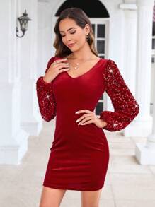 SHEIN Clasi 亮片拼接燈籠袖絲絨緊身洋裝 - 紅色 - 查看 5