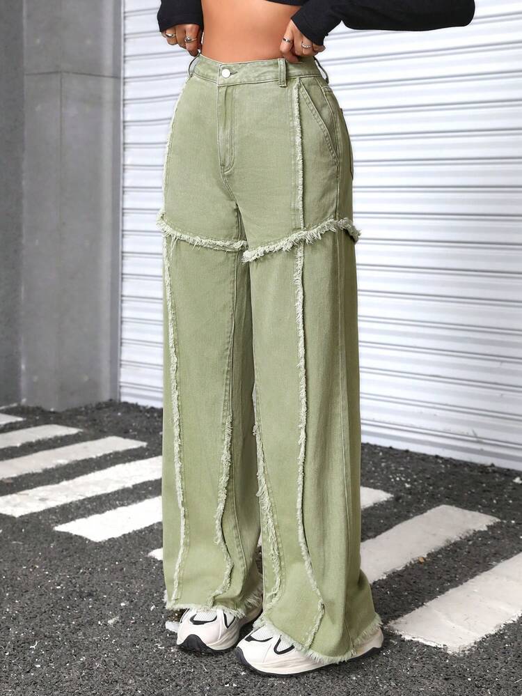 High Waisted Flared Jeans With Frayed Hemline