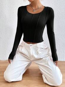 SHEIN EZwear 女士純色修身t恤 - 黑色 - 查看 4