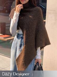 Dazy Designer 女士固色高領不對稱下擺雨衣款毛衣 - 咖啡棕 - 查看 1