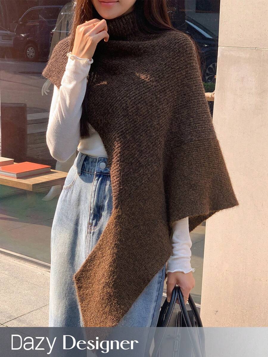 Dazy Designer 女士固色高領不對稱下擺雨衣款毛衣 - 咖啡棕 - 查看 1