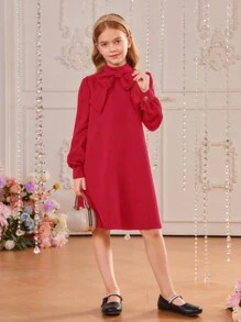 SHEIN Tween Girl Stand Collar Dress With Decorative Back Pleats And Buttons, Long Sleeve