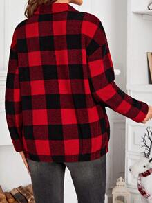 SHEIN 孕婦格紋印花半拉鏈落肩袖運動衫 - 酒紅色 - 查看 2