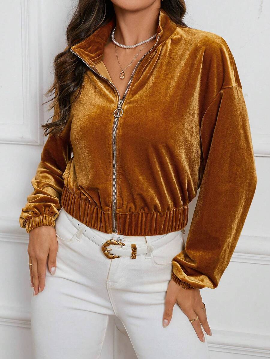 SHEIN Clasi Của phụ nữ Nhung Đứng cổ áo Dây kéo Khép kín Tay áo dài Áo khoác - Đồng - Xem 1