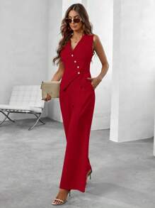 EMERY ROSE Button Up Vest Suit Jacket And Slant Pocket Pants Set - Burgundy - View 4