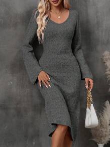 SHEIN Clasi Cổ chữ V Tay áo chuông Giải trí Áo len dệt kim Đầm - Xám - Xem 1