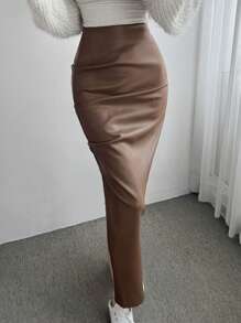 DAZY Women's Side Slit Pu Skirt,Pencil Skirt Fall,Winter Leather Skirt - Brown - View 2