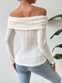 SHEIN Privé 女款純色鏤空刺繡露肩扭紋t卹 - 白色 - 查看 2