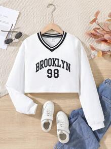 青少年女孩字母和數字印花長袖套頭運動衫 - 白色 - 查看 1