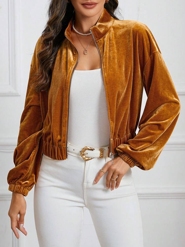 Women's Velvet Stand Collar Zipper Closure Long Sleeve Jacket Fall Cloth For Women