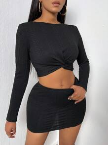 Zolique Women's Twisted Long Sleeve Top And Bodycon Skirt Set - Black - View 5