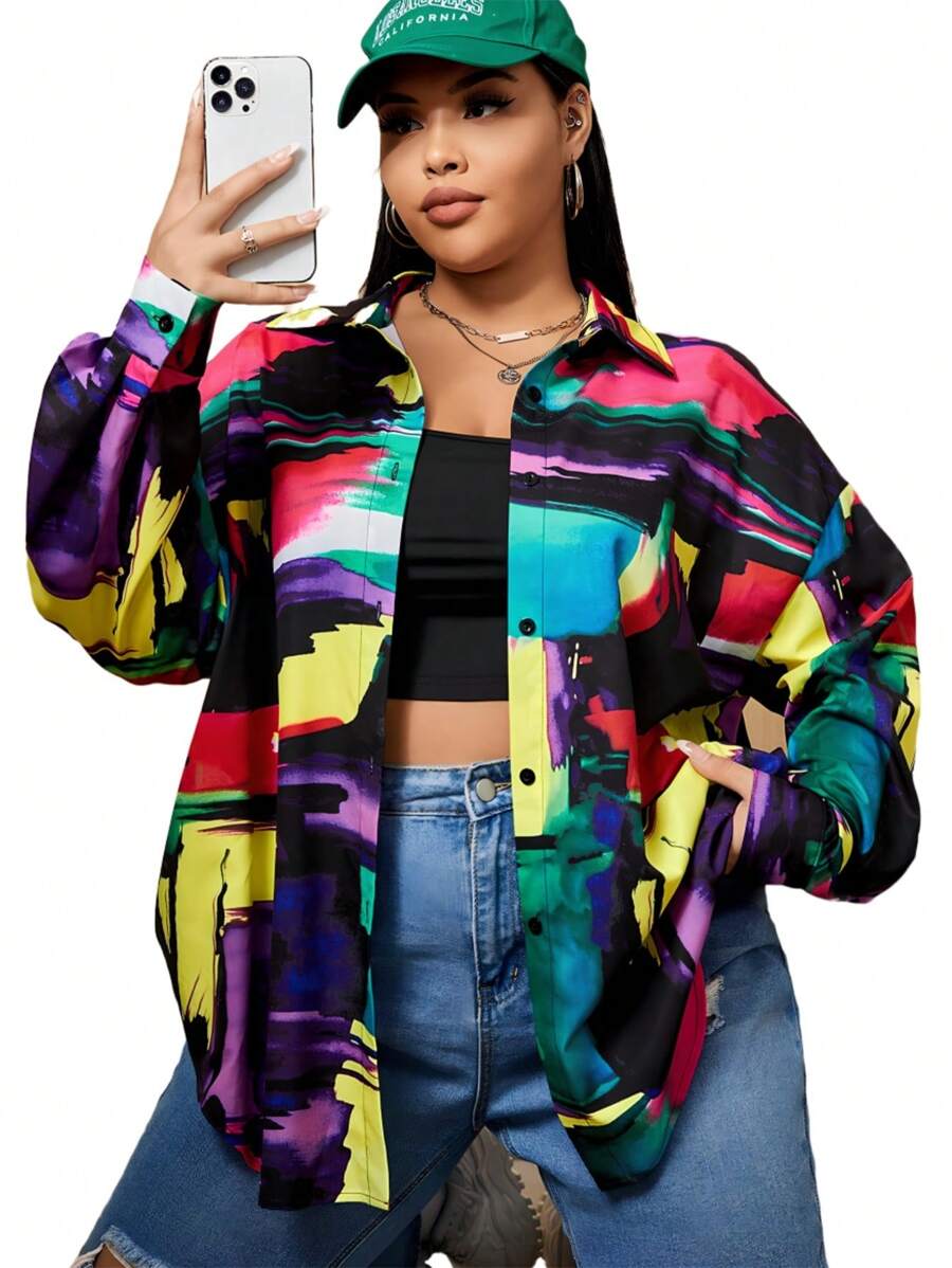 SHEIN EZwear Của phụ nữ Kích thước lớn Áo sơ mi Với Thả vai Và In Tất cả - Đen và trắng - Xem 1