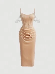 SHEIN MOD Chain Decorated Halter Neck Dress - Champagne - View 1