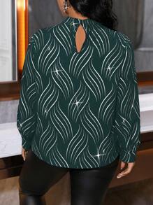 Celure 金箔印花結飾和鏤空設計大尺碼女款長袖襯衫 - 墨綠色 - 查看 2