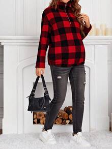 SHEIN 孕婦格紋印花半拉鏈落肩袖運動衫 - 酒紅色 - 查看 5