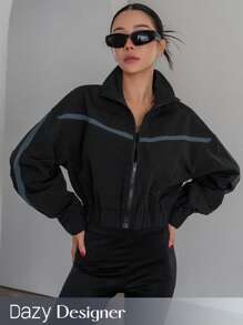 Dazy Designer Băng tương phản Thả vai Dây kéo Áo khoác - màu đen - Xem 1