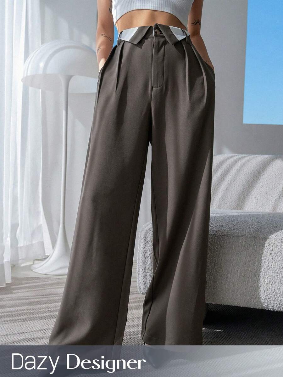 Dazy Designer Quần ống rộng túi xéo tương phản trang phục công sở - màu nâu - Xem 1
