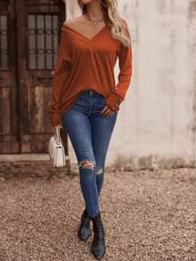 SHEIN LUNE 按鈕裝飾長袖t恤 - 橘色 - 查看 6