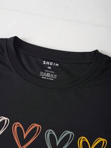SHEIN EZwear Plus Size Women's Slogan Heart Print T-shirt - Black - View 5
