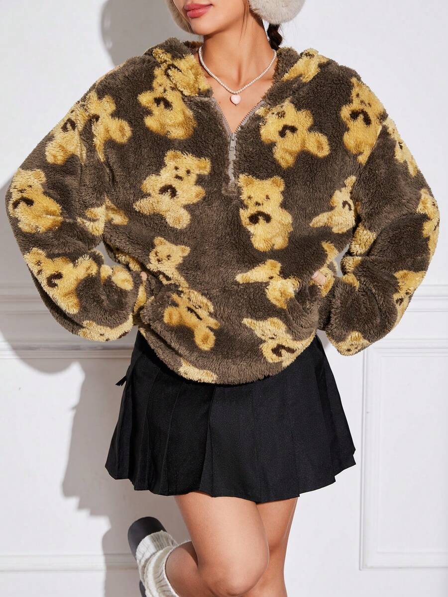 SHEIN EZwear Half Zipper Fleece Hoodie With Cartoon Bear Pattern - Coffee Brown - View 1