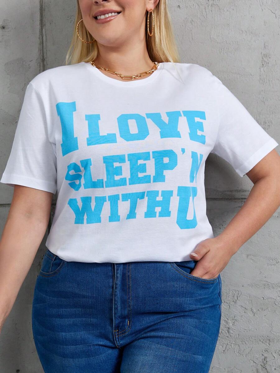 RueChic Plus Size Women's Slogan Printed Short Sleeve T-shirt - أبيض - مشاهدة 1