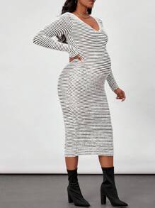 SHEIN Women's Striped Casual White Winter Maternity Bodycon Dress,Summer Clashing Colour Patchwork Mini Pleated Sundress,Casual Summer Dresses For Maternity - Apricot - View 4