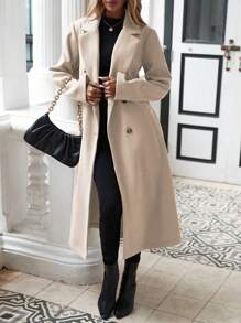 SHEIN LUNE Của phụ nữ Dài Đôi ngực Len áo - Màu be - Xem 3