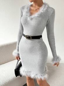 SHEIN Privé V 領毛絨細部長袖毛衣連身裙,不含腰帶 - 灰色 - 查看 3
