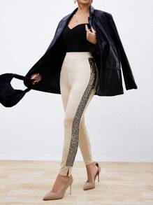 SHEIN Privé 女式針織閃爍底褲襪,拼接設計 - 杏色 - 查看 4