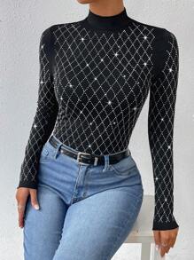 SHEIN Privé Của phụ nữ Pha lê Nghệ Embellished Họa tiết Lưới Đứng cổ áo Áo thun - màu đen - Xem 1