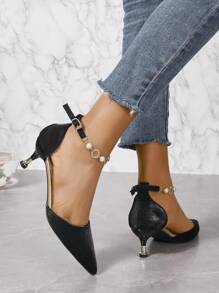 Black Satin Rhinestone & Faux Pearl Decorated Ankle Strap Hollow Out Pointed Toe High Heeled Shoes - Black - View 2