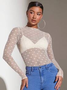 SHEIN BAE 女式透明圓點網眼上衣 - 杏色 - 查看 1