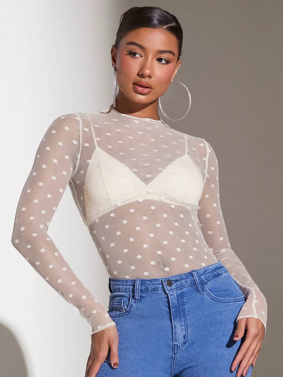SHEIN BAE 女式透明圓點網眼上衣 - 杏色 - 查看 1