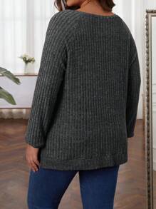 EMERY ROSE Plus Size Button Detail Raglan Sleeve Ribbed Knit T-Shirt - Dark Grey - View 2