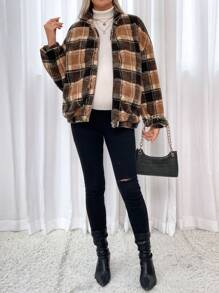 SHEIN Maternity Plaid Pattern Drop Shoulder Teddy Jacket, For Winter - Coffee Brown - View 4